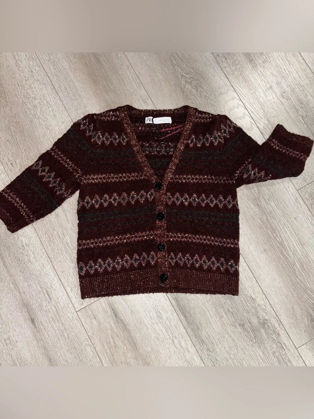 ZARA Maroon Grandpacore Boho CARDIGAN V NECK SHORT SLEEVE SIZE Small knit - Picture 1 of 4